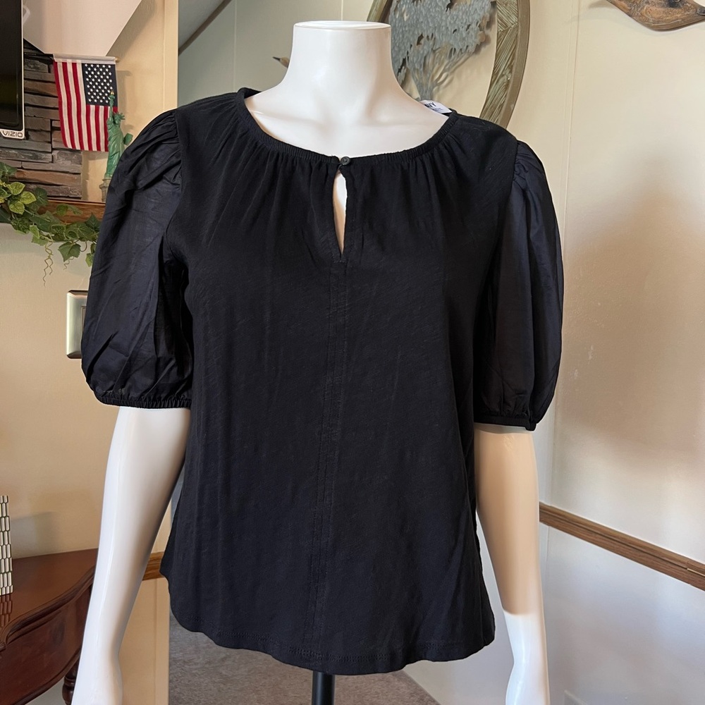 Old Navy Black Blouse Cotton Puff Sleeve Keyhole Top